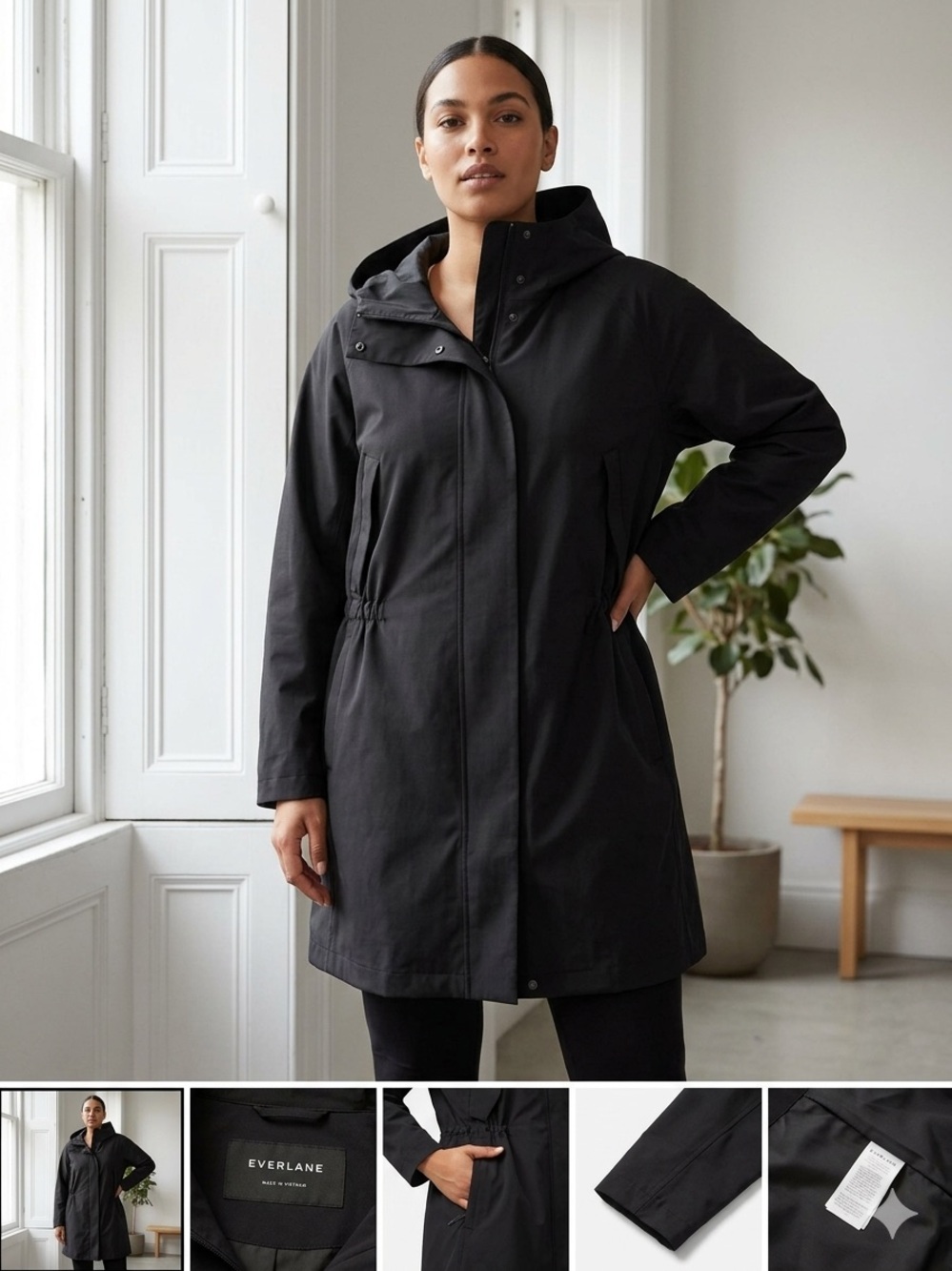Everlane Lightweight Renew anorak raincoat hood elastic drawcord waist